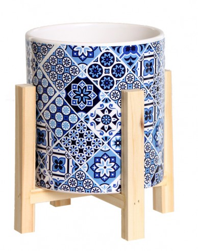 Keramischer  Pflanztopf im Holzständer