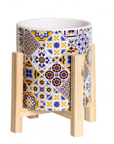 Keramischer  Pflanztopf im Holzständer Mosaik